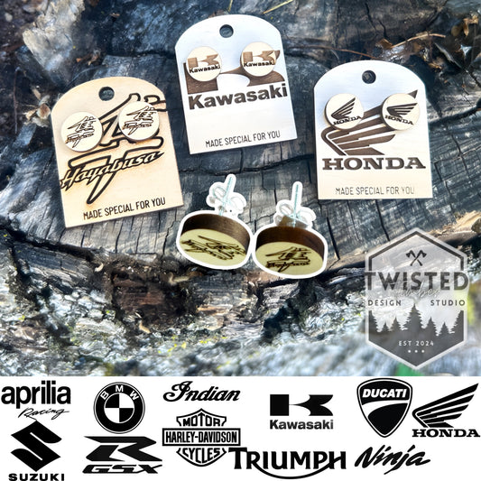 Motorcycle Branded Engraved Wood Post Earring Set