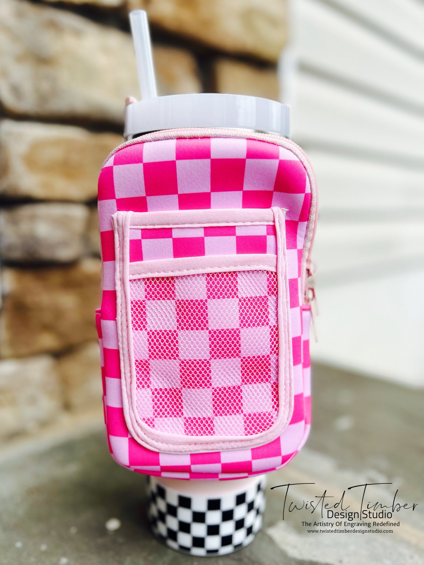 Pink Checkered Tumbler Zip Pouch