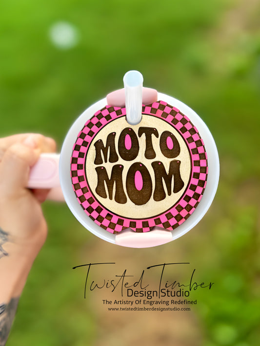 Pink & Gold Checkered Moto Mom Stanley Lid Topper