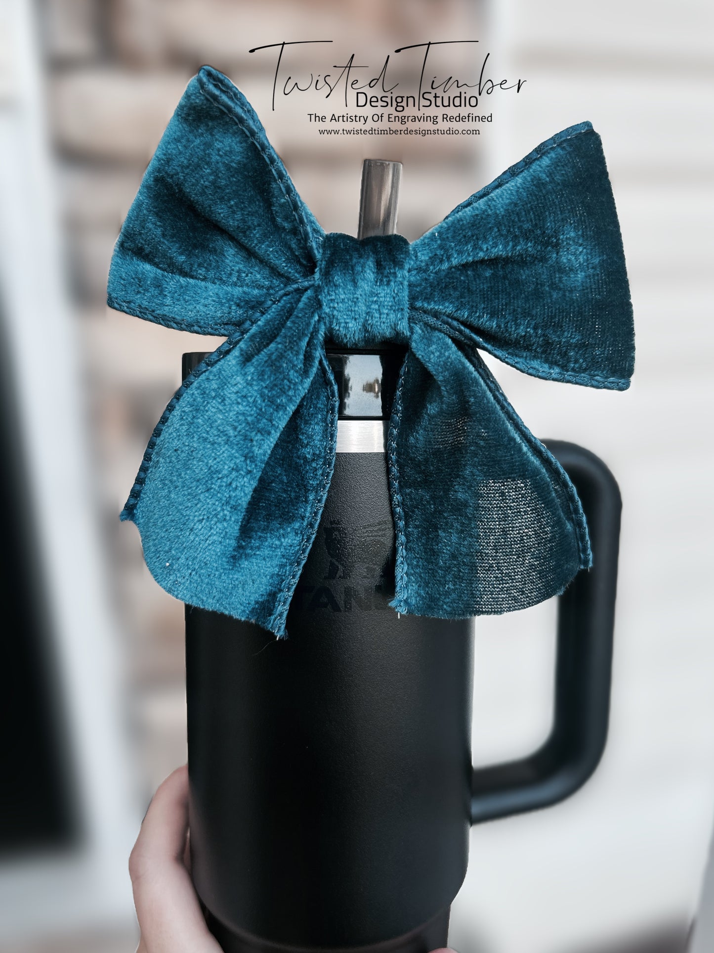 Teal Velvet Tumbler Straw Bow