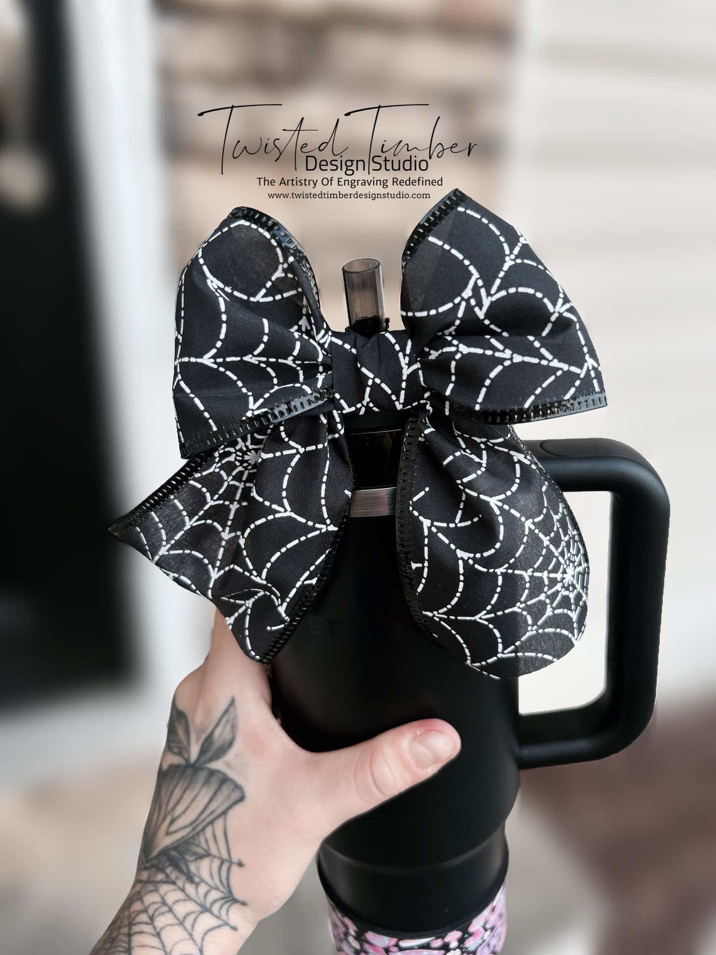 Black With White Spider Web Straw Bow